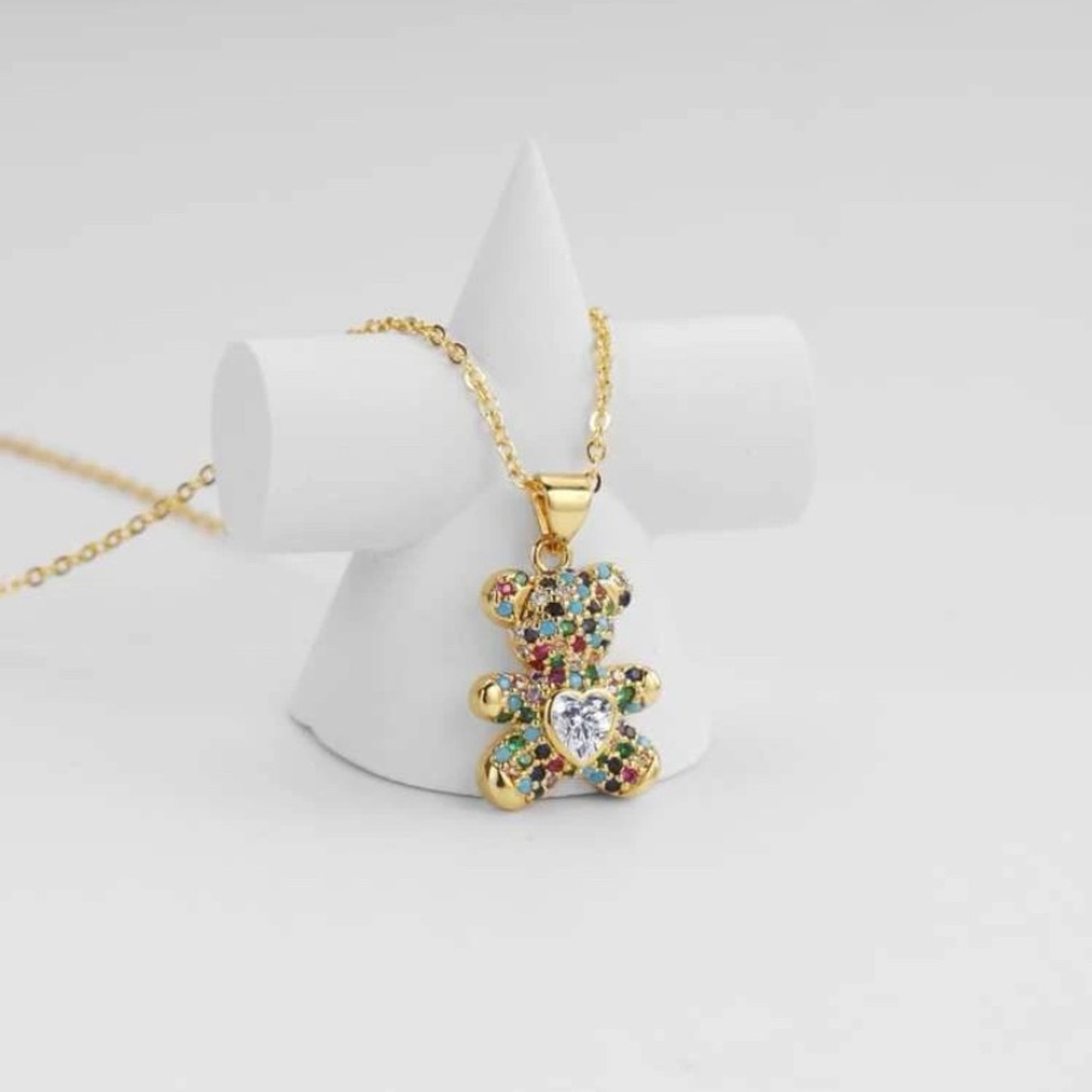 Multicolor fantasy rhinestone zirconia bear pendant and necklace.